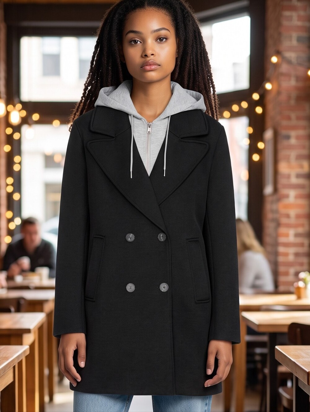 Zara  Black Double-breasted Coat With contrasting detachabe Hoodie.. Size Large
